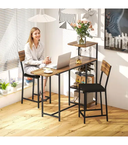 Conjunto de Mesa de Bar con Laterales Abatibles Soporte para Vinos y 2 Taburetes de Estilo Industrial Marrón y Negro
