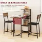 Conjunto de Mesa de Bar con Laterales Abatibles Soporte para Vinos y 2 Taburetes de Estilo Industrial Marrón y Negro