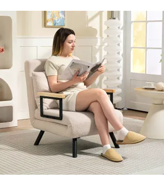 Sofá Cama Individual Plegable Sofá Cama Convertible 4 en 1 Respaldo Ajustable de 5 Niveles y Almohada 63x73x81 cm Beige