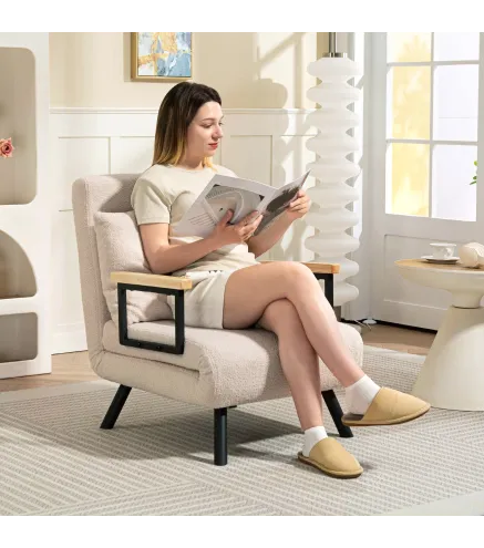 Sofá Cama Individual Plegable Sofá Cama Convertible 4 en 1 Respaldo Ajustable de 5 Niveles y Almohada 63x73x81 cm Beige