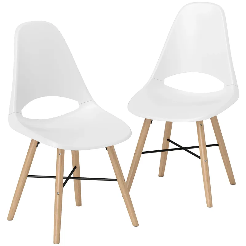 Pack de 2 Sillas de Comedor de Plástico con Respaldo Curvado y Patas de Madera de Caucho Blanco