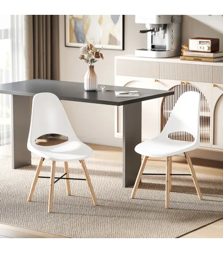 Pack de 2 Sillas de Comedor de Plástico con Respaldo Curvado y Patas de Madera de Caucho Blanco