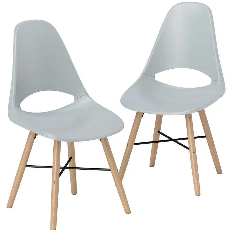 Pack de 2 Sillas de Comedor de Plástico con Respaldo Curvado y Patas de Madera de Caucho Gris