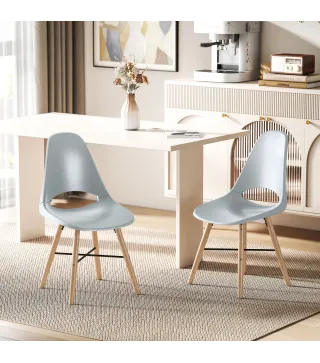 Pack de 2 Sillas de Comedor de Plástico con Respaldo Curvado y Patas de Madera de Caucho Gris