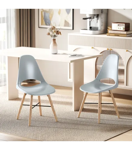 Pack de 2 Sillas de Comedor de Plástico con Respaldo Curvado y Patas de Madera de Caucho Gris