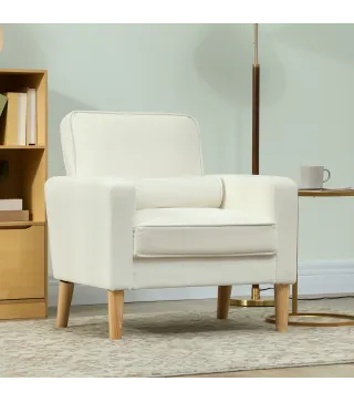 Butaca de Salón Tapizado en Terciopelo Sillón de Lectura con Asiento con Botones y Patas de Madera para Dormitorio Crema