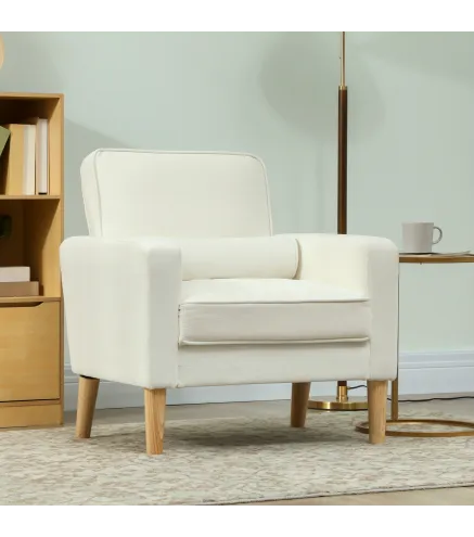 Butaca de Salón Tapizado en Terciopelo Sillón de Lectura con Asiento con Botones y Patas de Madera para Dormitorio Crema