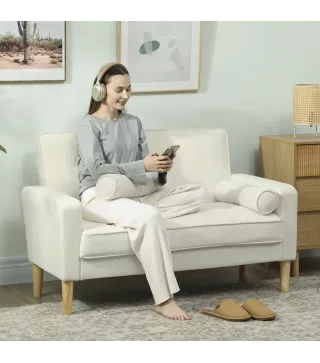 Sofá de 2 Plazas Tapizado en Terciopelo 130 cm con Asiento Capitoné y Patas de Madera para Espacios Pequeños Crema