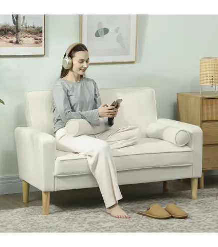 Sofá de 2 Plazas Tapizado en Terciopelo 130 cm con Asiento Capitoné y Patas de Madera para Espacios Pequeños Crema