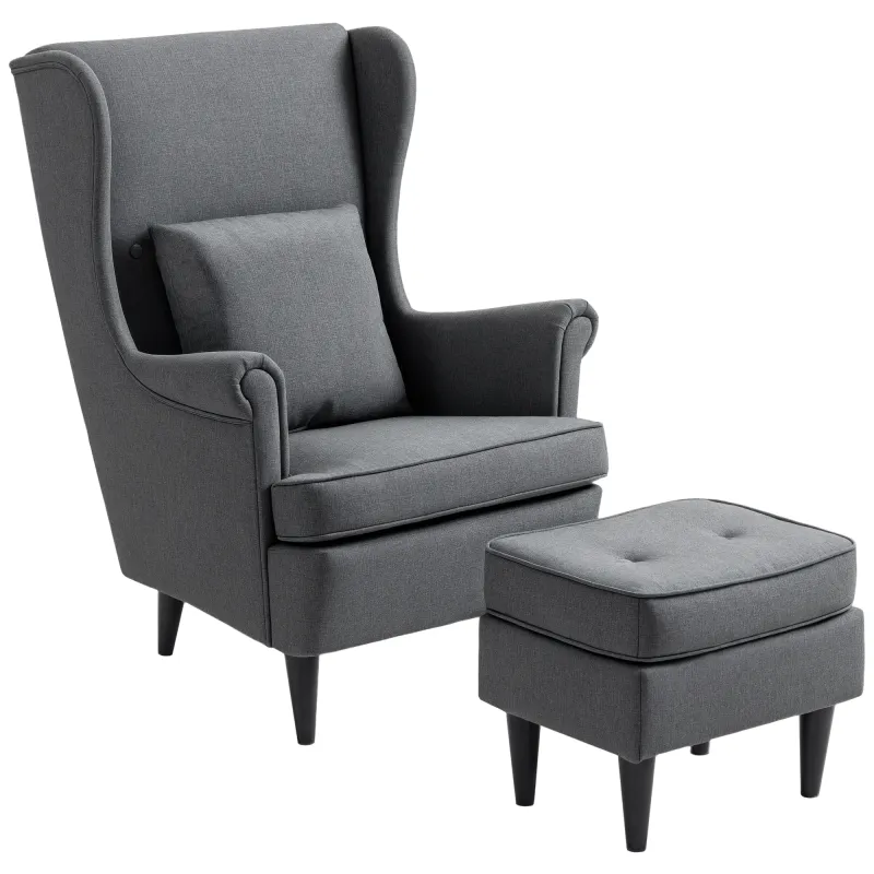 Sillón con Reposapiés Respaldo Alto Capitoné Patas de Madera Almohada Acolchada y Tapizado en Lino Gris Sillón con Reposapiés Respaldo Alto Capitoné Patas de Madera Almohada Acolchada y Tapizado en Lino Gris