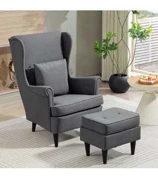 Sillón con Reposapiés Respaldo Alto Capitoné Patas de Madera Almohada Acolchada y Tapizado en Lino Gris