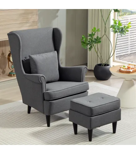 Sillón con Reposapiés Respaldo Alto Capitoné Patas de Madera Almohada Acolchada y Tapizado en Lino Gris