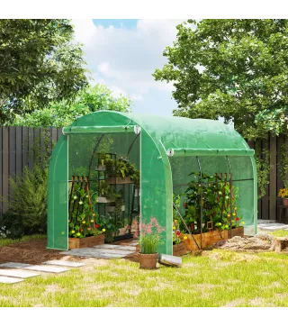 Invernadero de Túnel 296x196x200 cm Invernadero de Jardín con 3 Puertas y 6 Ventanas Marco de Acero Galvanizado Verde