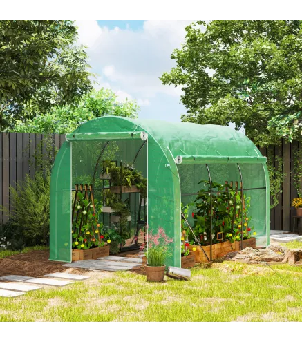 Invernadero de Túnel 296x196x200 cm Invernadero de Jardín con 3 Puertas y 6 Ventanas Marco de Acero Galvanizado Verde