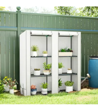 Invernadero de Exterior con Techo Inclinado 3 Estantes 2 Puertas Enrollables y Marco de Acero 144x48x152 cm Blanco