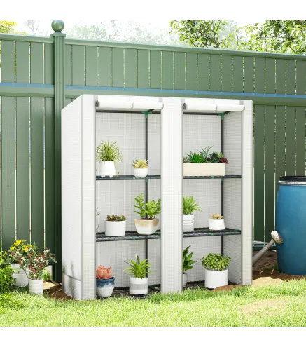 Invernadero de Exterior con Techo Inclinado 3 Estantes 2 Puertas Enrollables y Marco de Acero 144x48x152 cm Blanco