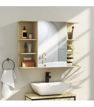 Armario de Baño de Pared con Espejo Puerta Estantes Abiertos 80x20x59 cm Natural