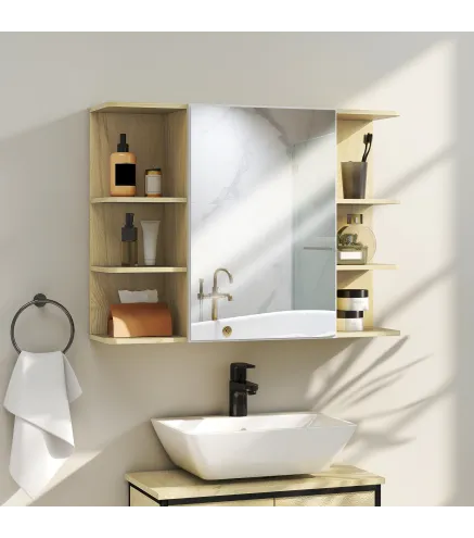 Armario de Baño de Pared con Espejo Puerta Estantes Abiertos 80x20x59 cm Natural