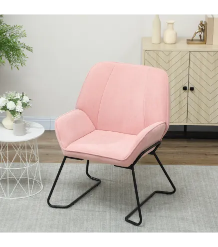 Butaca de Salón con Asiento Ancho y Acolchado Tapizado en Terciopelo Patas de Metal Sillón para Salón Rosa