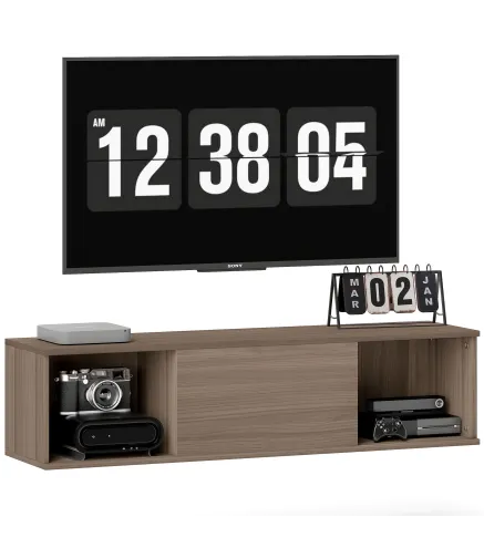 Armario de Pared Mueble de TV Colgante con 2 Compartimentos Abiertos y Puerta Abatible 120x30x29,5 cm Marrón