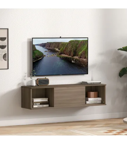 Armario de Pared Mueble de TV Colgante con 2 Compartimentos Abiertos y Puerta Abatible 120x30x29,5 cm Marrón