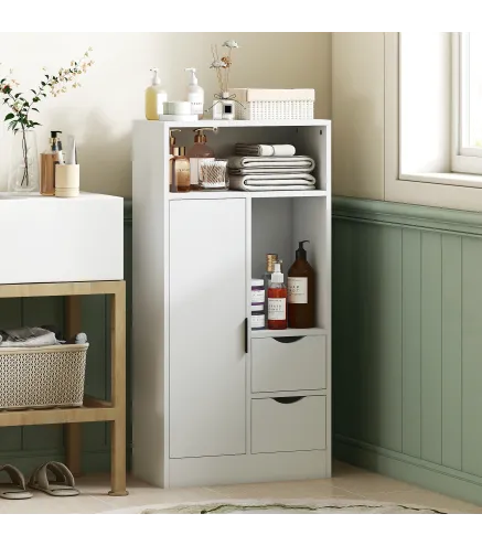 Armario de Baño con 2 Cajones Compartimento Abierto y Estantes Ajustables para Espacio Pequeño 50x25x100 cm Blanco