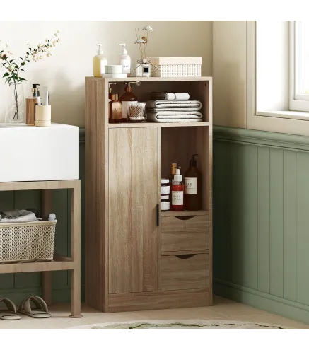 Armario de Baño con 2 Cajones Compartimento Abierto y Estantes Ajustables para Espacio Pequeño 50x25x100 cm Natural