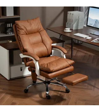 Silla de Escritorio con Soporte Lumbar Inflable Tapizada en PU Reposapiés Respaldo Reclinable Altura Ajustable Marrón