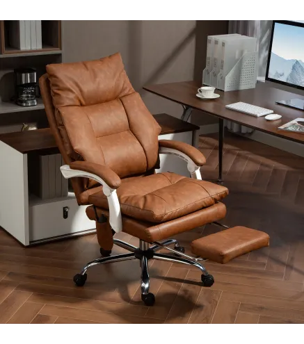 Silla de Escritorio con Soporte Lumbar Inflable Tapizada en PU Reposapiés Respaldo Reclinable Altura Ajustable Marrón