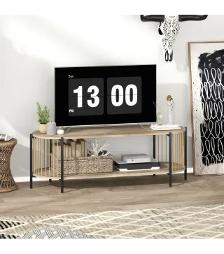 Mueble de TV Estilo Bohemio hasta 55 Pulgadas con Diseño en Cuerda de Papel y 2 Estantes Abiertos 124x43,5x41 cm Natural