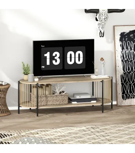 Mueble de TV Estilo Bohemio hasta 55 Pulgadas con Diseño en Cuerda de Papel y 2 Estantes Abiertos 124x43,5x41 cm Natural