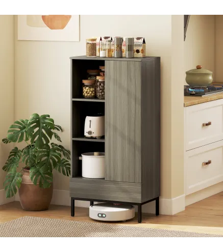 Aparador para Salón Moderno con Puerta Cajón Estante Ajustable y 3 Compartimentos Abiertos 60x34x121 cm Natural