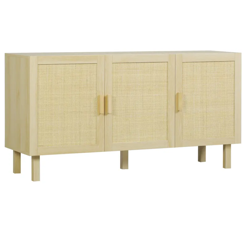 Aparador 3 Puertas de Rejilla de Ratán con Estantes Ajustables para Comedor Entrada Dormitorio Natural 136x41x70 cm