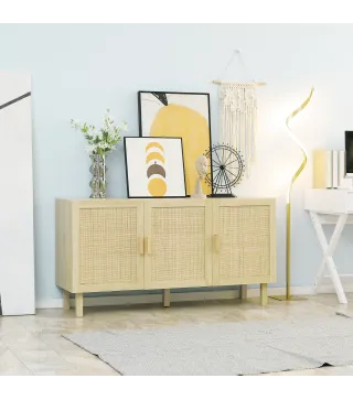 Aparador 3 Puertas de Rejilla de Ratán con Estantes Ajustables para Comedor Entrada Dormitorio Natural 136x41x70 cm