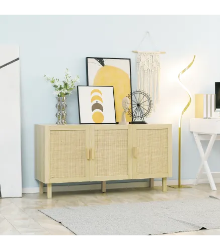 Aparador 3 Puertas de Rejilla de Ratán con Estantes Ajustables para Comedor Entrada Dormitorio Natural 136x41x70 cm