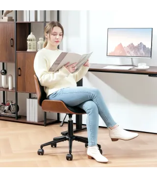 Silla de Escritorio sin Brazos Vintage Giratoria Tapizada en PU Madera Curvada Altura Ajustable Negro y Marrón