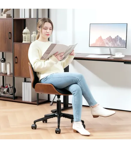 Silla de Escritorio sin Brazos Vintage Giratoria Tapizada en PU Madera Curvada Altura Ajustable Negro y Marrón