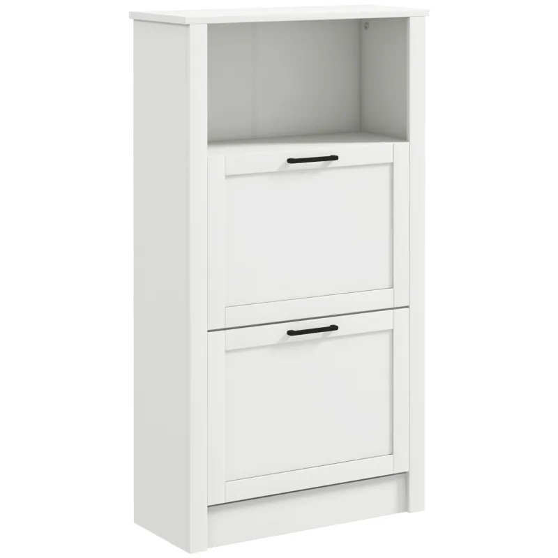 Zapatero Estrecho con 2 Puertas Estantes Ajustables y Compartimento Abierto para 10 Pares de Zapatos 58x24x105 cm Blanco