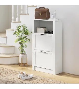 Zapatero Estrecho con 2 Puertas Estantes Ajustables y Compartimento Abierto para 10 Pares de Zapatos 58x24x105 cm Blanco
