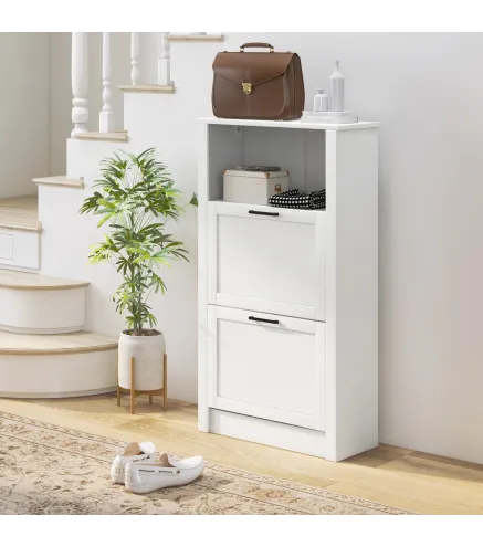 Zapatero Estrecho con 2 Puertas Estantes Ajustables y Compartimento Abierto para 10 Pares de Zapatos 58x24x105 cm Blanco