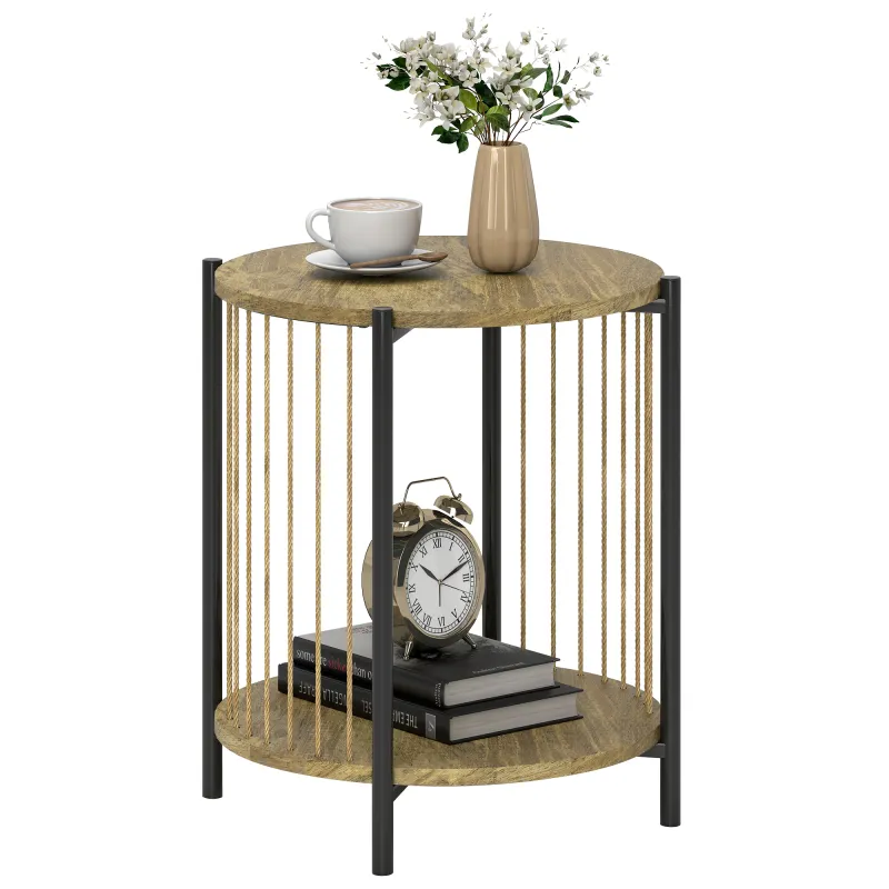 Mesa Auxiliar Redonda de 2 Niveles con Estante y Estructura de Acero para Salón Dormitorio 43,5x43,5x51 cm Natural