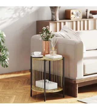 Mesa Auxiliar Redonda de 2 Niveles con Estante y Estructura de Acero para Salón Dormitorio 43,5x43,5x51 cm Natural