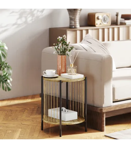Mesa Auxiliar Redonda de 2 Niveles con Estante y Estructura de Acero para Salón Dormitorio 43,5x43,5x51 cm Natural