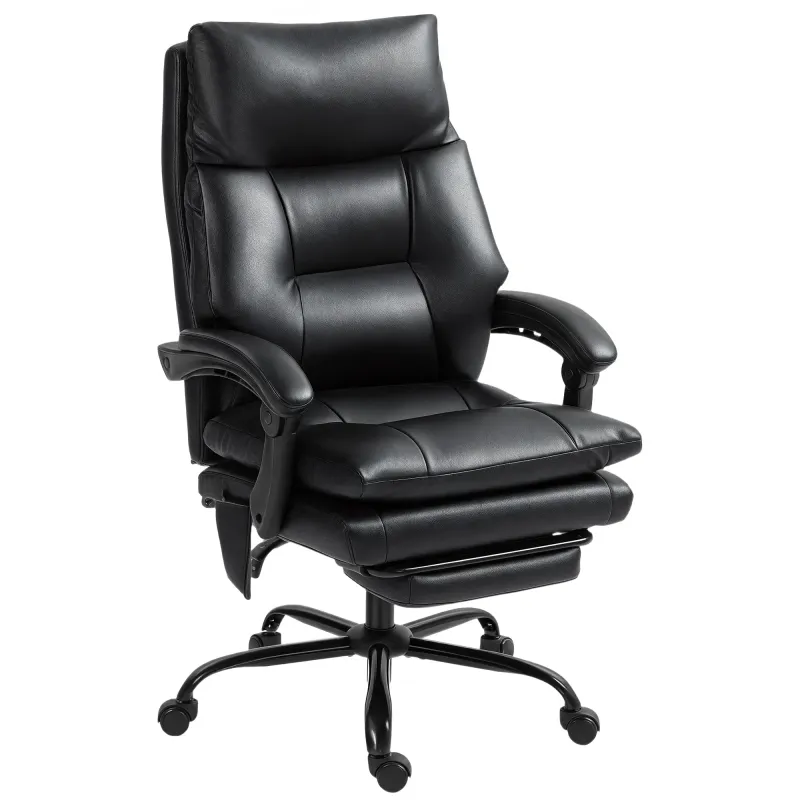 Silla de Escritorio con Soporte Lumbar Inflable Tapizada en PU Reposapiés Respaldo Reclinable Altura Ajustable Negro