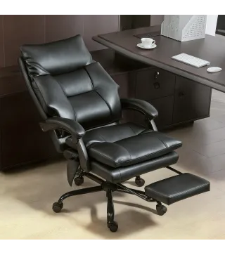 Silla de Escritorio con Soporte Lumbar Inflable Tapizada en PU Reposapiés Respaldo Reclinable Altura Ajustable Negro