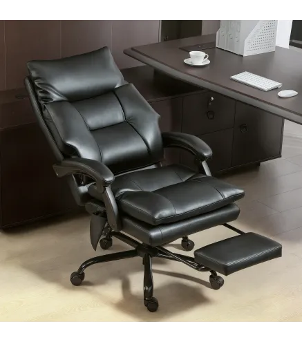 Silla de Escritorio con Soporte Lumbar Inflable Tapizada en PU Reposapiés Respaldo Reclinable Altura Ajustable Negro