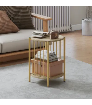 Mesa Auxiliar Redonda de 2 Niveles con Estante de Almacenaje y Marco de Acero para Salón Dormitorio Ø41x49 cm Natural