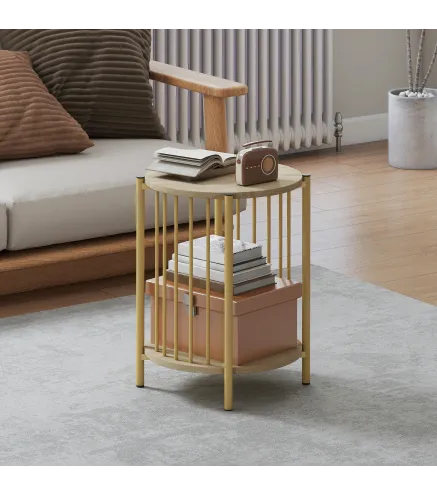 Mesa Auxiliar Redonda de 2 Niveles con Estante de Almacenaje y Marco de Acero para Salón Dormitorio Ø41x49 cm Natural