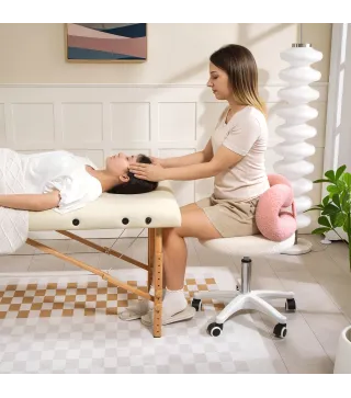 Taburete con Ruedas Respaldo Altura Regulable 63-77 cm Tapizado en Tejido de Borreguito Blanco y Rosa