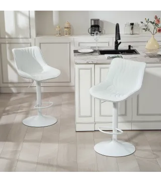 Juego de 2 Taburetes de Bar con Altura Ajustable Respaldo Asiento de Piel Sintética Marco de Acero y Reposapiés Blanco